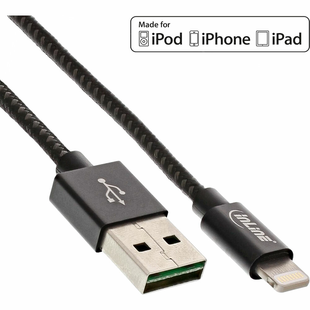 INL InLine® Cavo USB Lightning, Syncor & Data per iPad, iPhone, iPod, 2m, nero,