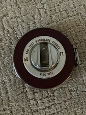 VINTAGE 50 FT TAPE MEASURE TRU-TEST HARDWARE P 50 WTT 3 3/8" WIDE CASE
