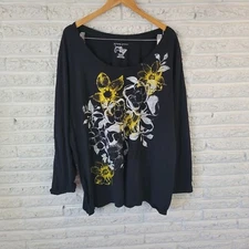 Just My Size Womens Top 5X Plus Tee Long Sleeve Black Gold Glitter Floral Cotton