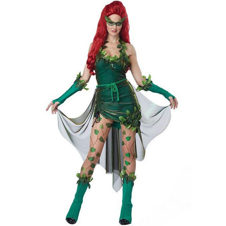 Women Green Poison Ivy Costume Poisonous Leaves Cosplay Pleated