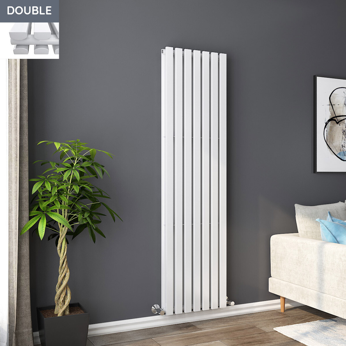 Vertical Column Designer Radiator Rectangle Flat Panel Double White 1800x480mm