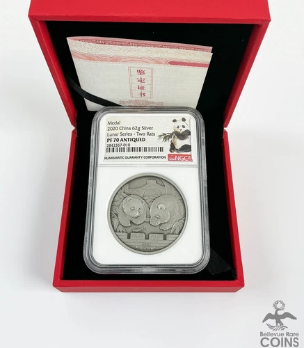 2020 China Lunar Series: Two Rats .999 Silver 62g Panda Medal NGC PF70 Antiqued