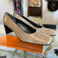 Stuart Weitzman Square Toe Snake Skin Pumps Tan Neutral Beige Size 7
