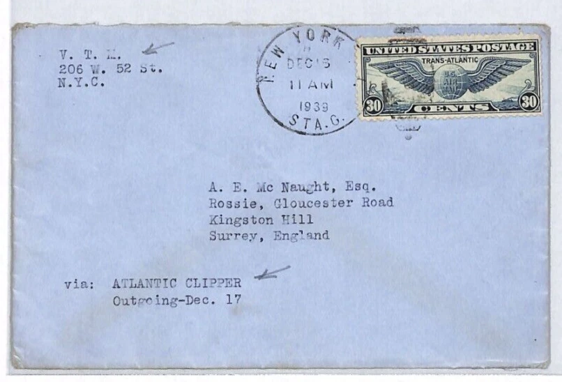 USA WW2 Cover NYC VTM *TUXEDO PARK* 1939 CLIPPER Air Mail {McNaught}YL244 - Image 2 of 4