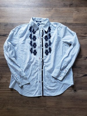 Chaps Womens Large Button Down Long Sleeve Aztec Print Navy/Light Blue Western