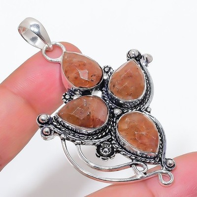 Natural Strawberry Quartz Gemstone 925 Sterling Silver Jewelry Pendant Size 2.6''