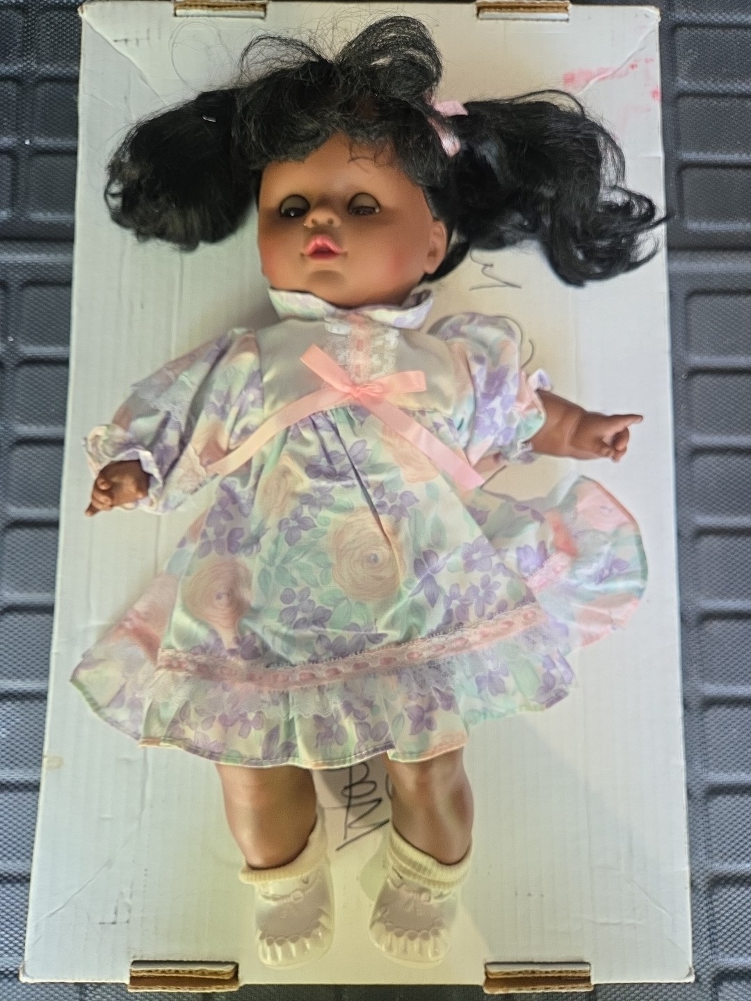 Vintage Baby Doll Brunette Pigtails Floral Dress Soft Body African American