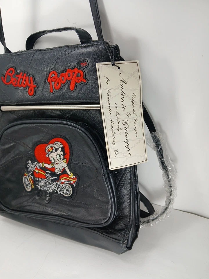 Mochila/bolso de mano Betty Boop vintage de cuero negro nuevo con etiqueta y plástico Foto 2 de 4