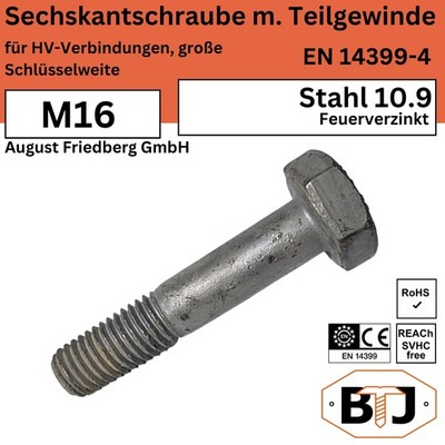 M16 EN 14399-4 Sechskantschraube AF für HV-Verbindungen Stahl 10.9 feuerverzinkt