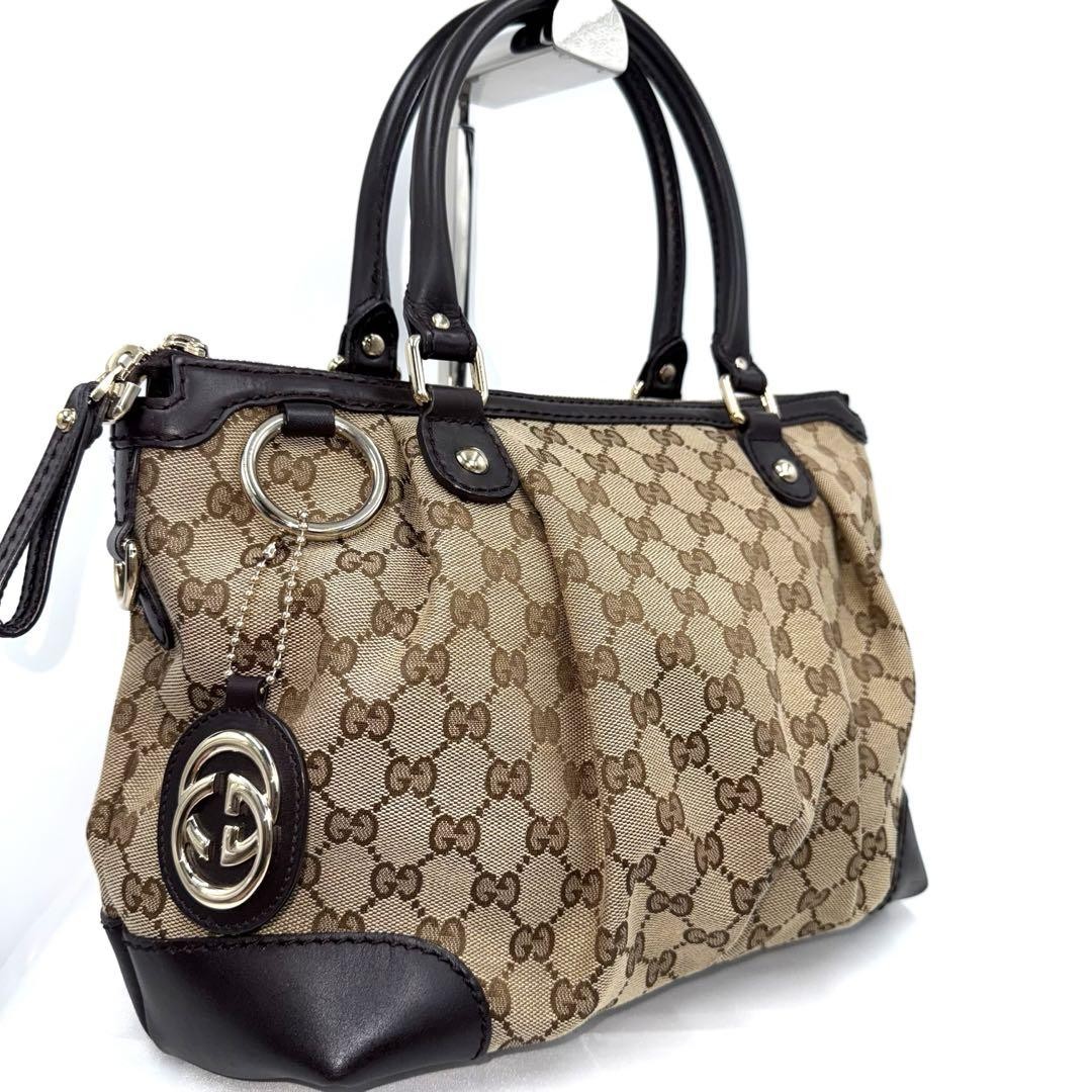 Gucci GG Canvas Leather Brown Handbag 12.6x8.7in Pre-Owned