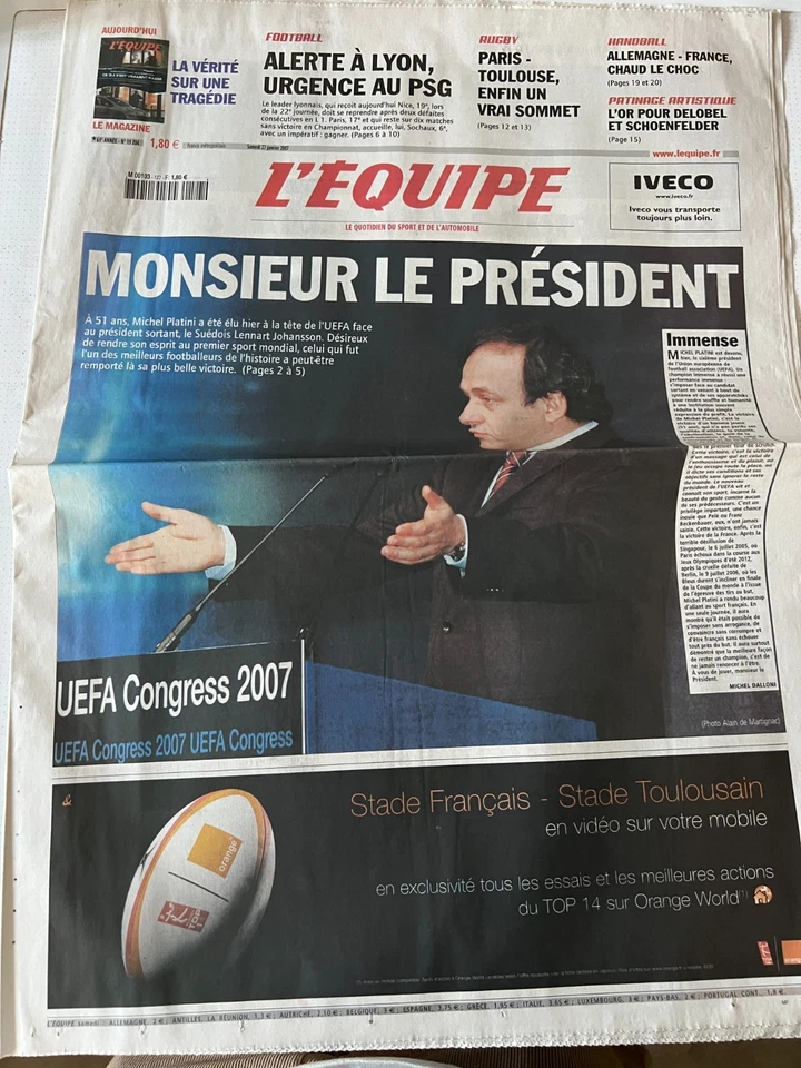 L'Equipe Journal 27/01/2007; M. Platini élu à la tête de l'UEFA - Photo 1/1