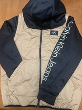 Boys Calvin Klein Jeans Jacket Size Large 14/16 Hooded Puffy Vest Black Beige