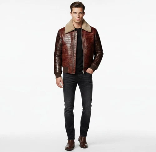 Men,s Real Crocodile Embossed Leather Jacket Shearling Collar Bomber Coat Brown. image 7