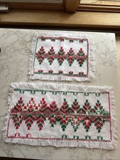 Vtg  2 Christmas Hand-stitched Swedish weaving, red, green & white Dollies