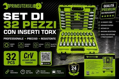 PRIMEUTENSILI Werkzeugkoffer 32-teilig Torx Einsätze Grün CromeVanadio