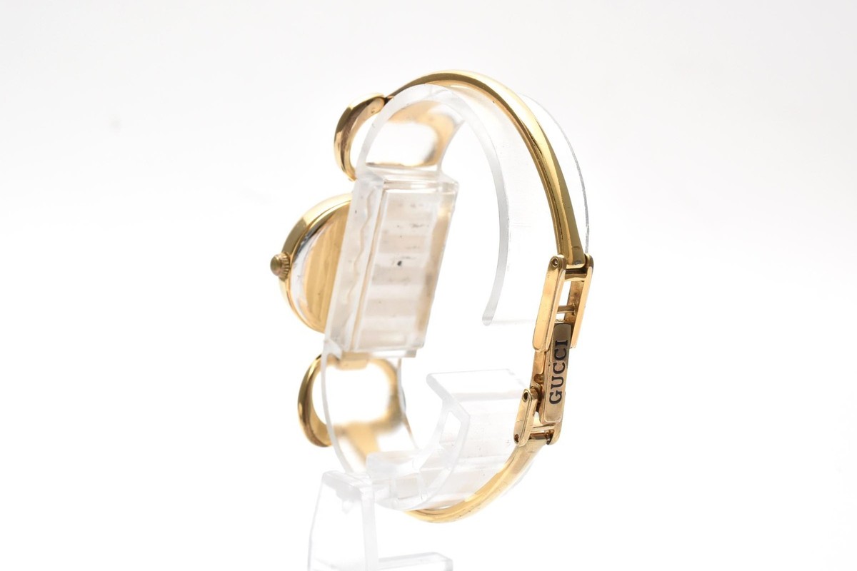 Exc 5 GUCCI 1600 Gold 26mm Black Dial Bangle Quartz Women's Watch