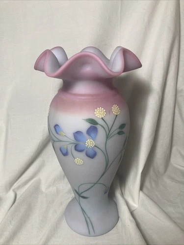 Fenton Periwinkle Hand Painted Blue Burmese Vase 1999 Ltd Ed #925/2750
