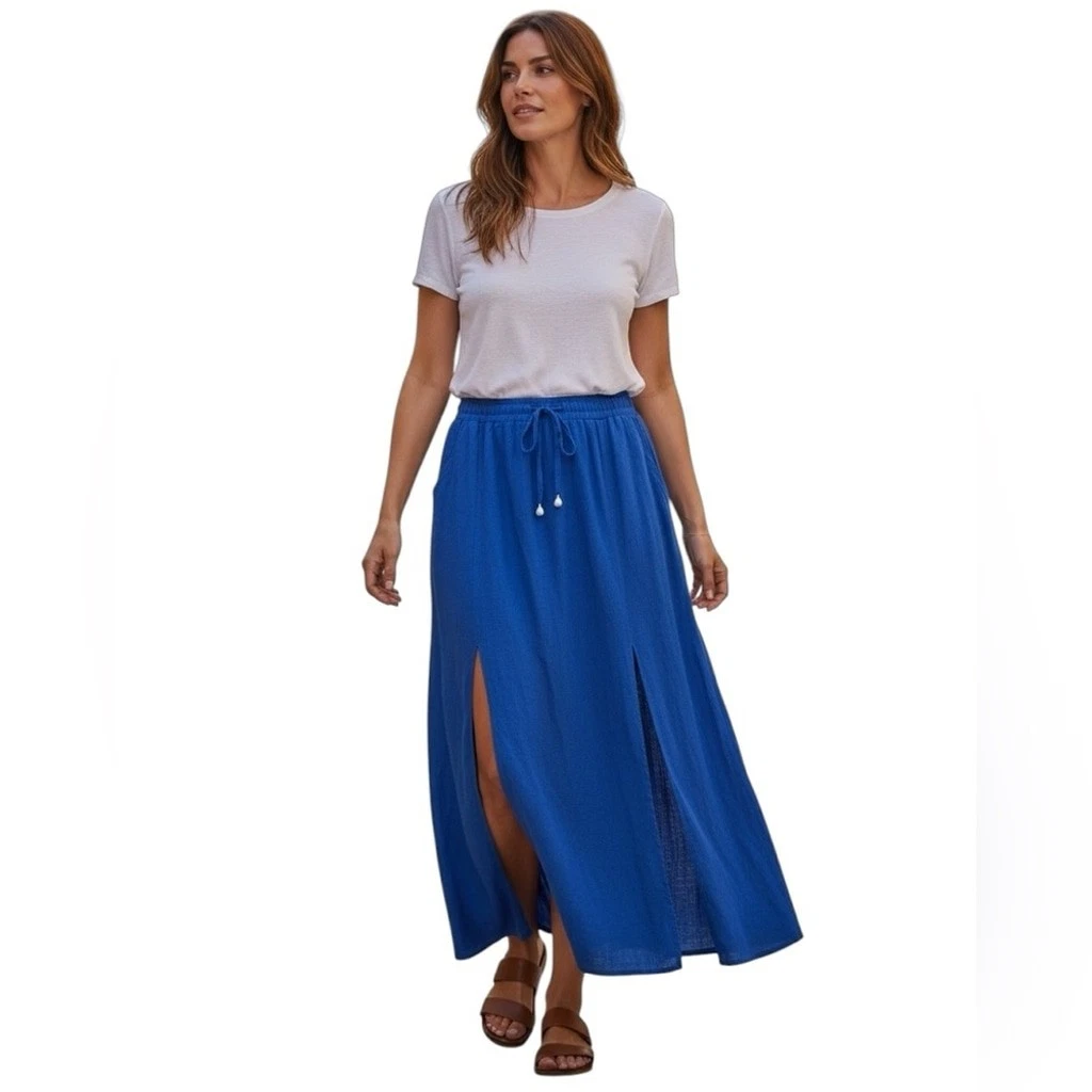 JOIE royal blue linen blend split hem maxi skirt size XL