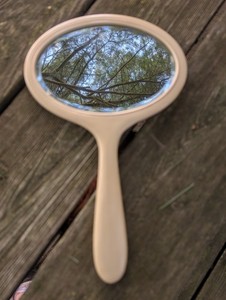 Vintage Art Deco Hand Held Vanity Beveled Oval Mirror, Ivory Color Celluloid 