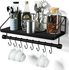 Floating Shelf for Wall with Wooden Towel Bar, Black  8 removable hooks, rustic
