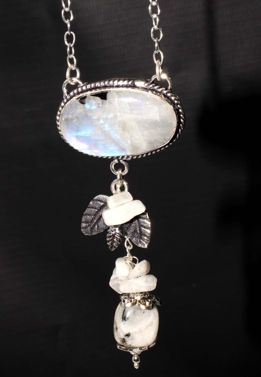 Beaded Rainbow Moonstone 925 Silver Plated Drop Gemstone Necklace 17