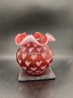 Fenton 1970 Cranberry Opalescent Heart Optic Ruffled Edge Vase 4.4”