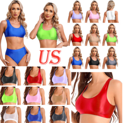 Women's Sports Bra Basic Cropped Tank Tops Glossy Shiny Vest Round Neck Crop Top