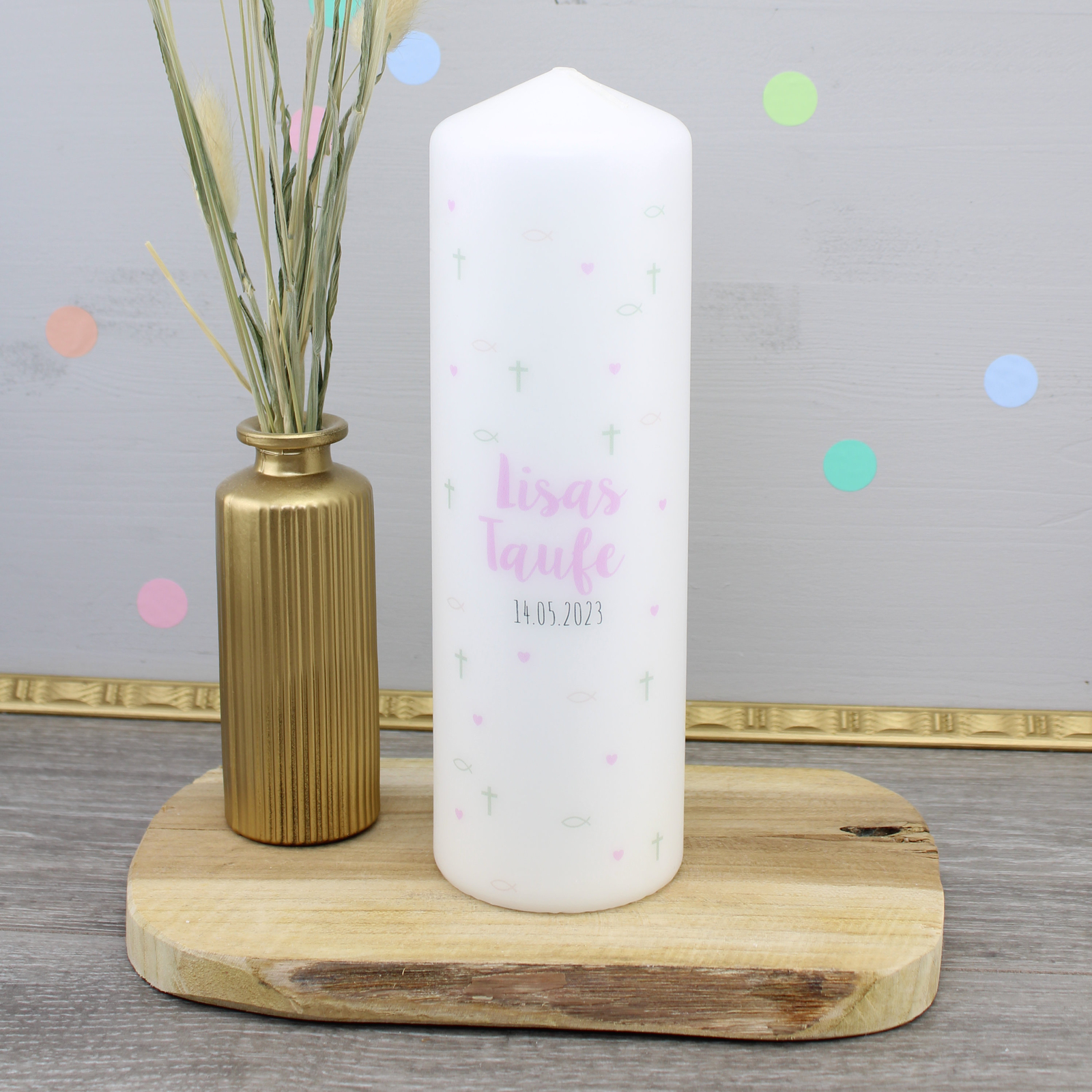 Taufkerze "Symbole Lisa" Kerze zur Taufe mit Name und Datum personalisierbar