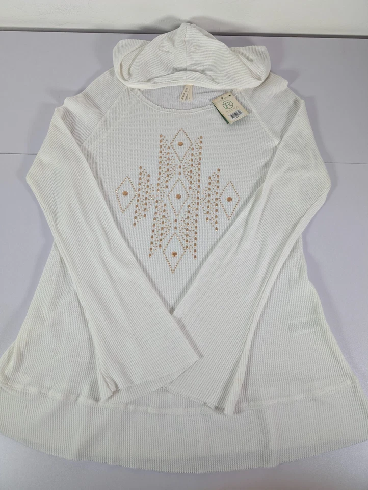 Sudadera con capucha Roper Top para mujer grande blanca adornada diseño suroeste tejido gofre nueva Foto 4 de 4