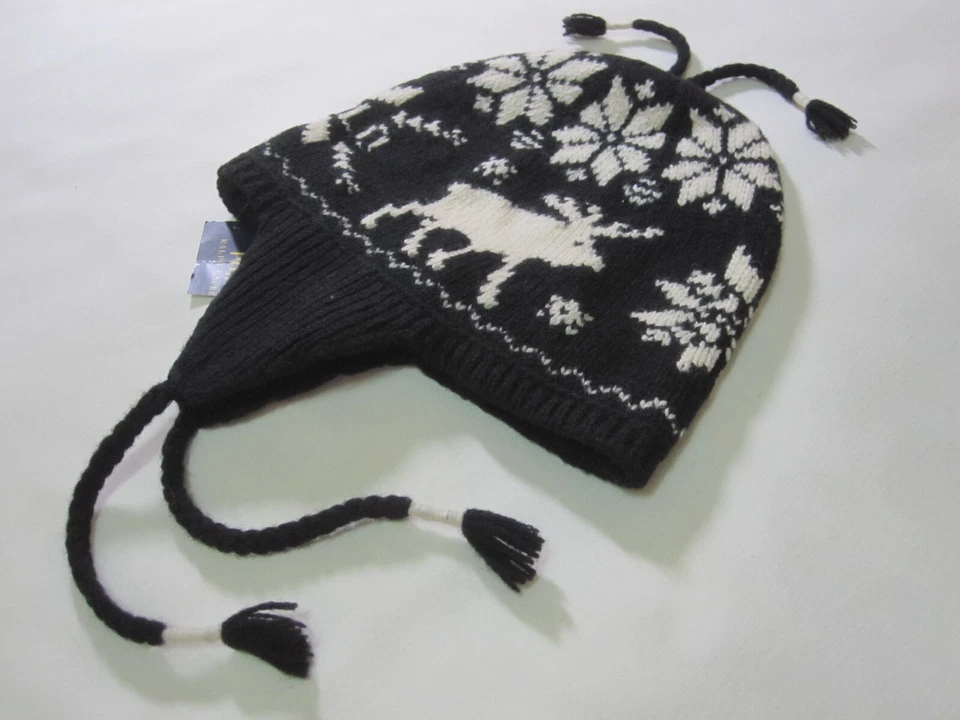 Polo Ralph Lauren Moose Shetland Wool Trapper Hat Snowflake Tassel (Black | NWT) - Image 2 of 4