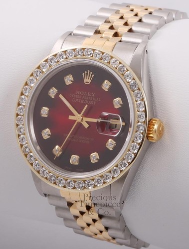 Rolex Datejust S/Steel 18k Gold 3CT Diamond Bezel 36mm-Red Vignette Diamond Dial - Picture 4 of 6