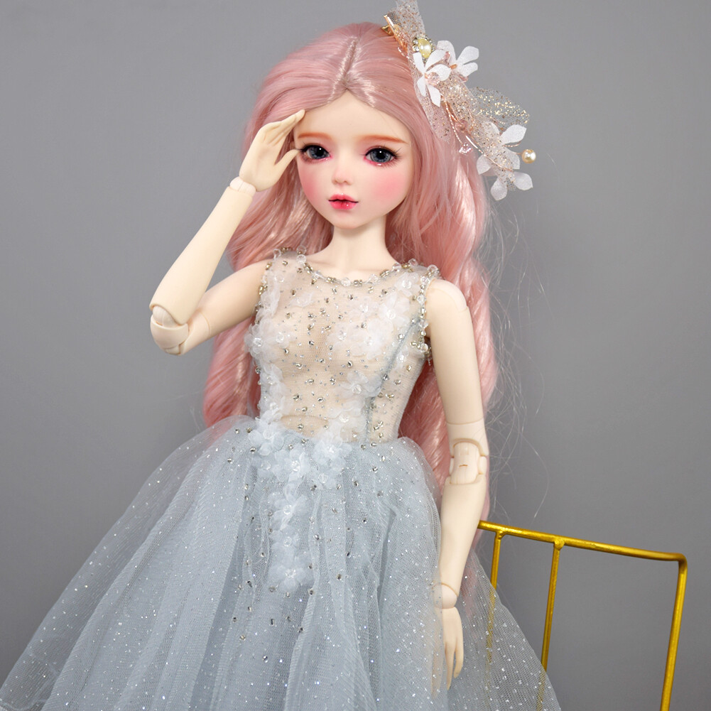 Full Set 56cm Ball Jointed BJD Doll Long Pink Wavy Wig Changeable