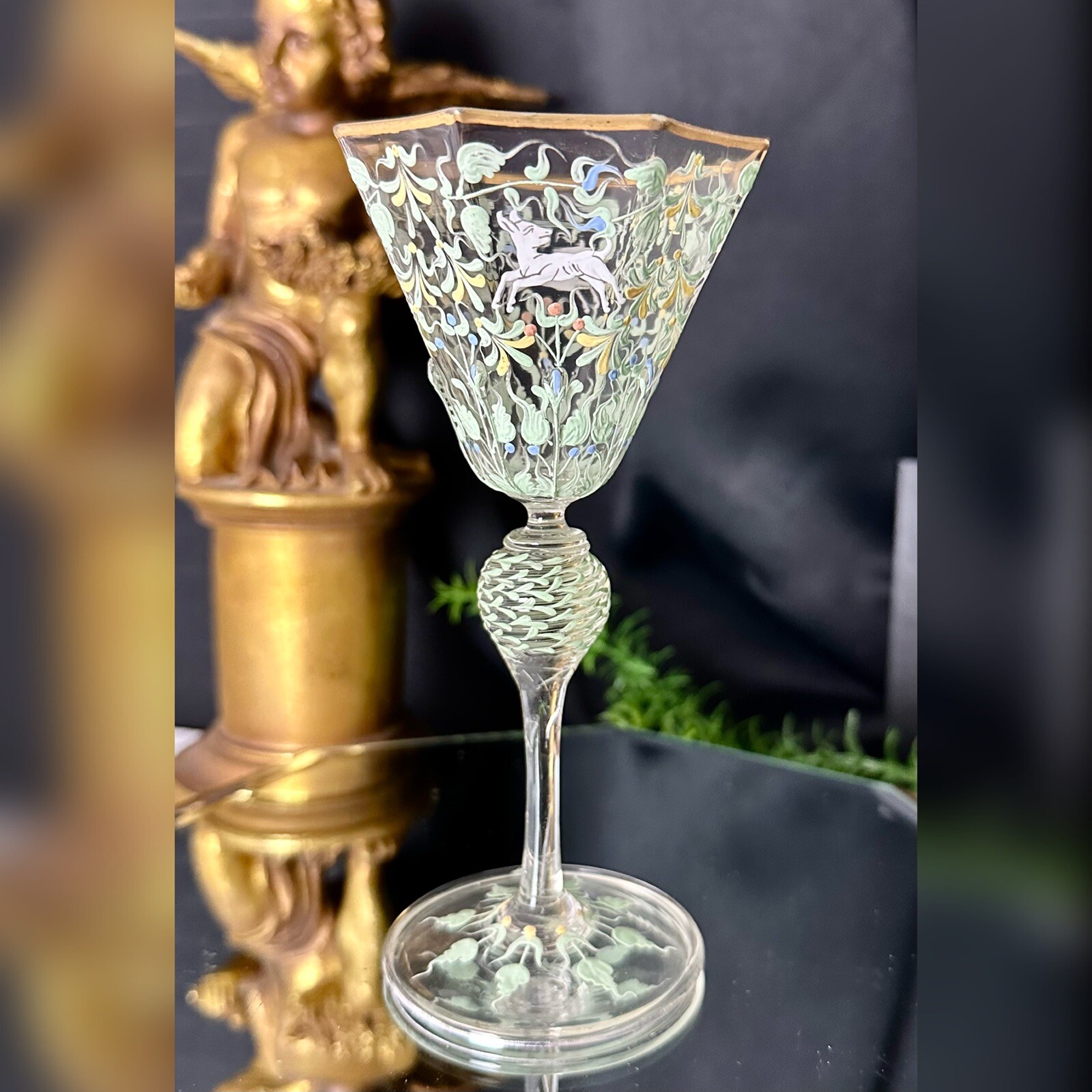 Moser Salvati Canine & Foliate Wine Glass Enameled c1900's Antique Gold Trimmed