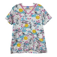 Disney Nursing Scrub Top Blue Frozen Olaf Pattern Women  s Small