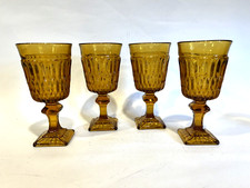 4 Vintage Indiana Glass Amber Mt Vernon 4 oz. Juice/Wine Footed Tumblers