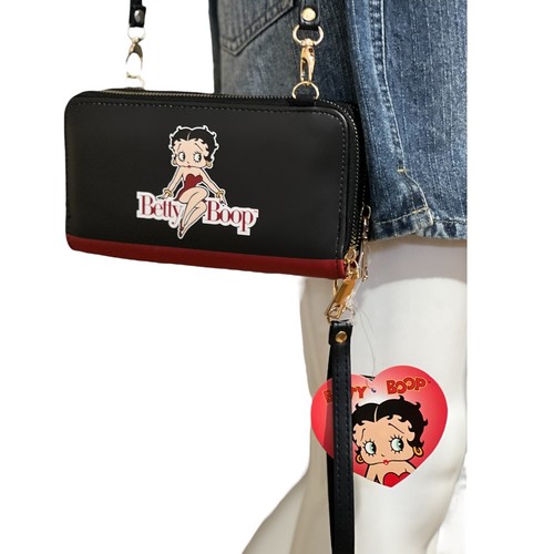 Betty Boop Womens Wallet Wristlet Crossbody Bag Black Cellphone Holds L Zip NWT - Picture 2 of 20