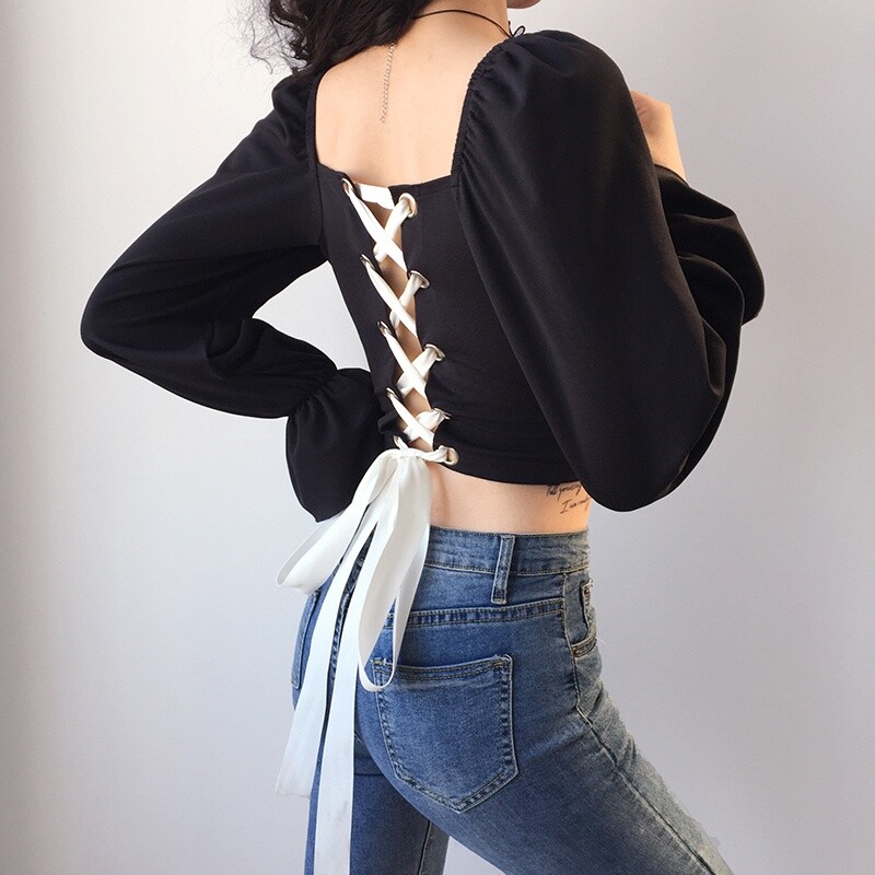 eBay プリント 長袖 クロップド丈 トップス Lady Lace Up Crop Top Square Collar Shirt Gothic Lantern Sleeve