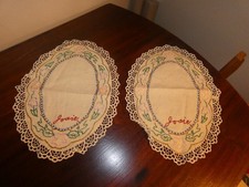 Josie Hand Embroidered Table Runners Vintage w/ Crochet Edge Hand Sewn