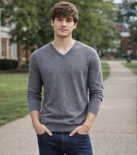 EXPRESS Sweater Men's Medium, Gray Merino Wool Blend V-Neck Pullover Sweater