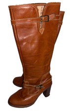 Vtg 70s ZODIAC Womens 7 M Chestnut Leather Boho Boots Knee High Belts Heels USA