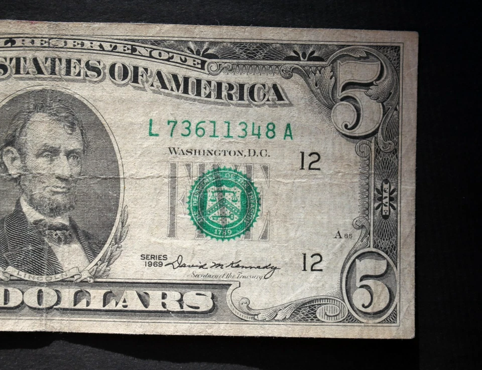 1969 $5/San Francisco/Federal Reserve Note/significant circulation/F-1972L - Image 4 of 4