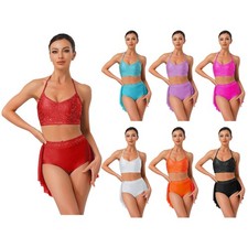 Womens Outfit 2-piece Dancewear Leotards Dress Irregular Lyrical Sleeveless Top