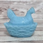 Vintage Miniature Blue Milk Glass Hen On A Nest Salt Cellar Unmarked