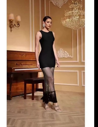 Elegant Black Bodycon Dress with Sheer Sparkle Detail & Fringe Hem - Picture 3 of 5