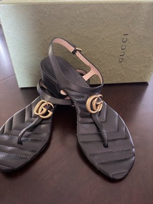 Gucci Black Leather Thong Ankle Strap Sandals GG Logo Buckle Womens US 6