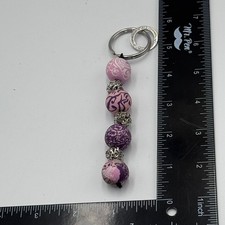 Handmade Purple Pink Patterned Clay Beaded Keychain Silver Filigree Accents