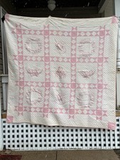 Vintage /Antique Hand Embroidered Pink Quilt Floral Cottage Handmade 80 x 82