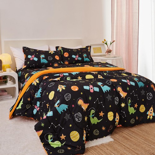 Space Dinosaur Comforter Set for Boys Twin, Cute Reversible Quilted Black Pri... - Picture 7 of 7