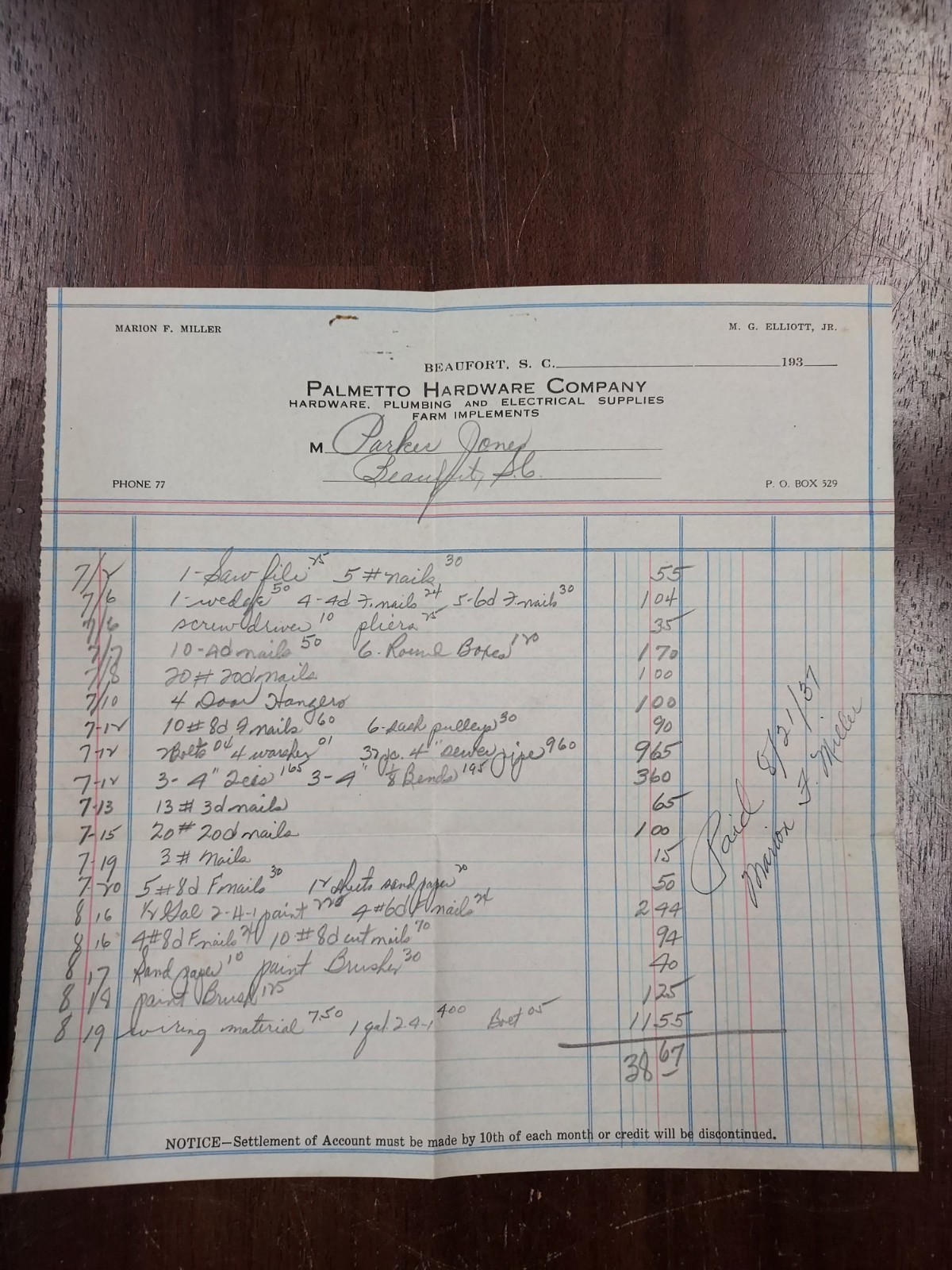 Vintage Hardware & Lumber Invoices 1937 Beaufort SC Lot of 10