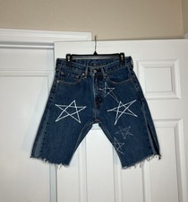 Levis 505 Cut off Custom Embroidered Star Jean Shorts Slit Sides Women 31" x 11"